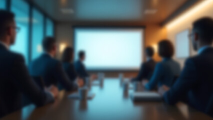 Abstract blurred business conference room. People in suits sitting around tables. Glowing presentation screen. Modern corporate environment.