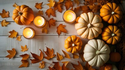 Fototapeta premium Create a cozy autumn vibe with pumpkins, candles, and fall leaves scattered on a rustic wooden surface, perfect for Thanksgiving or Halloween celebrations