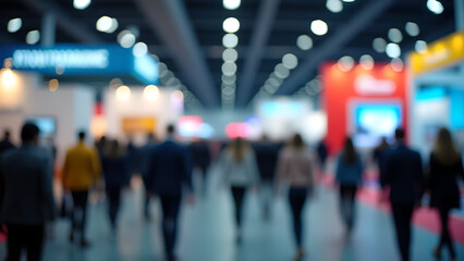 Abstract blurred image of a modern exhibition center, people walking between small exhibition booths.