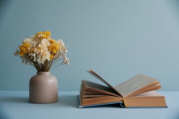 Still life of dried flowers in vase and open book on blue background