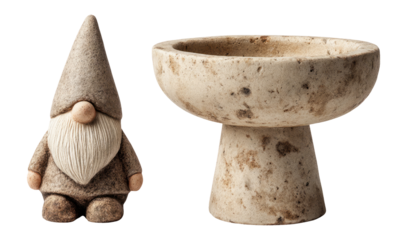 Isolated Gnome Figure and Simple Bowl on Transparent Background