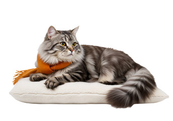 A beautiful long-haired tabby cat wearing a vibrant orange scarf lies comfortably on a soft white pillow against an transparent background
