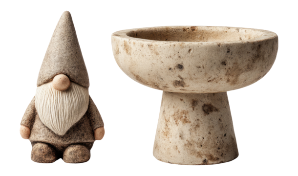 Isolated Gnome Figure and Simple Bowl on Transparent Background