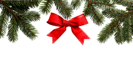 Festive red bow on evergreen branches isolated on transparent background.