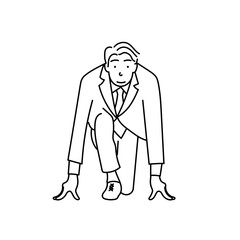 スタートポジションに構えるビジネスマンの白線ベクター線画イラスト