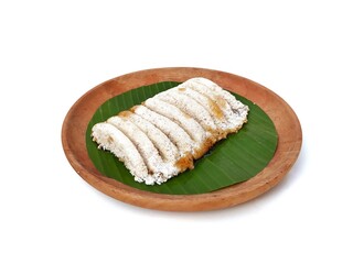 Kue rangi or Indonesian cake made from sago flour with palm sugar isolated on white background. High angle view 