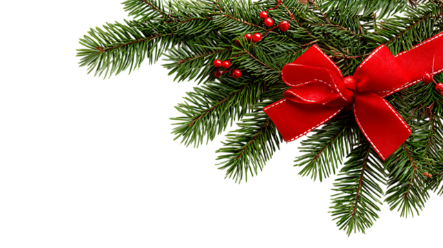 Festive christmas fir branch with red bow isolated on transparent background.