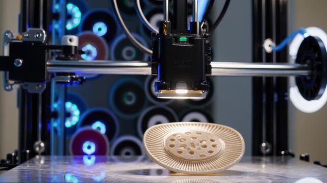 3d printers are simultaneously producing identical objects, showcasing automated manufacturing and advanced technology in a modern factory setting, illuminated by blue led lights