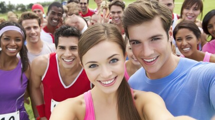 Group fitness event participants celebrate together outdoor park photo bright day close-up team spirit
