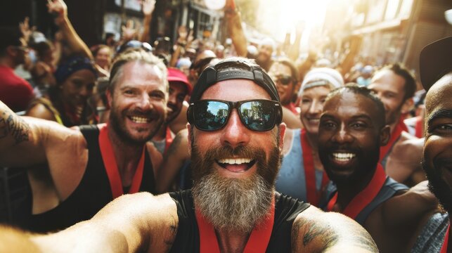 Celebration of athletic achievement urban marathon group portrait festive atmosphere close-up shot community spirit