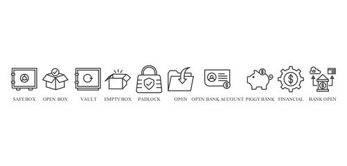 open banking icon vector illustration concept with icon of safe box, open box, vault, empty box, padlock ,open, open bank account, piggy bank, financial, and bank open




 




