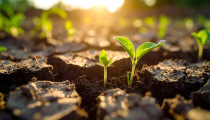 New Life Emerges: A close-up shot of a delicate sprout pushing through parched earth, bathed in warm sunlight, represents nature's tenacity.