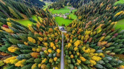 Fototapeta premium Autumn landscape overhead view of vibrant forests and villages in switzerland nature photography serene environment