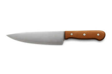 Large sharp kitchen knife with wooden handle on transparent background