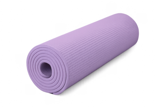 Rolled purple yoga mat on transparent background