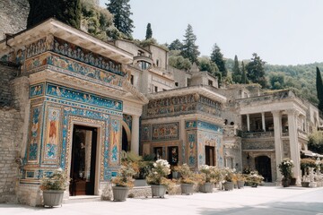 Obraz premium Ornate architectural facade with detailed mosaic decorations.