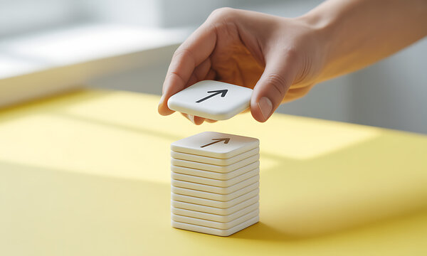Hand stacking white square tiles with black upward arrow on yellow surface