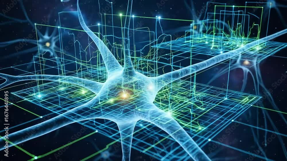 Poster abstract representation of neural connections with vibrant colors and grid patterns illustrating dat