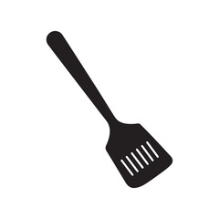 Simple Black Slotted Spatula Icon Against White Background, Kitchen Utensil