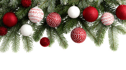 Festive christmas ornaments on evergreen branches isolated on transparent background.
