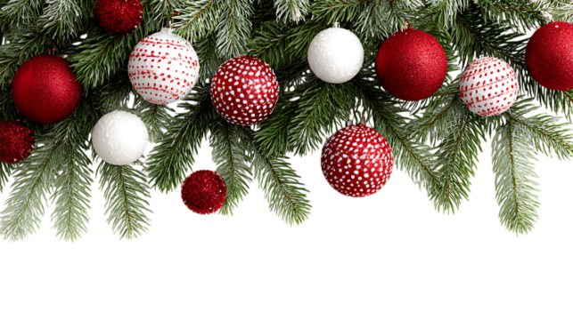 Festive christmas ornaments on evergreen branches isolated on transparent background. - Powered by Adobe