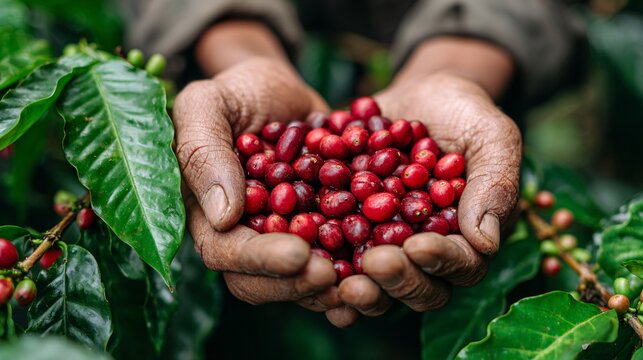 A coffee farmer's hands holding ripe, red coffee berries, showcasing the harvest and bean-to-cup process.