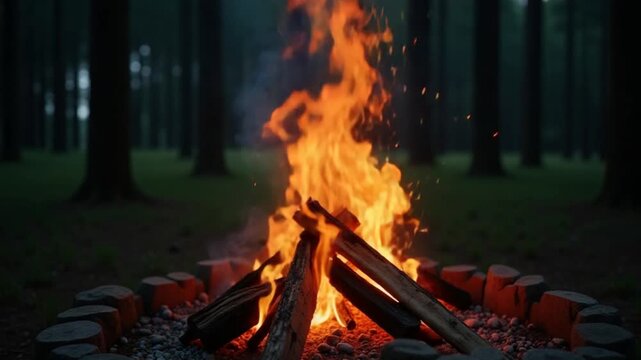 Evening Bonfire Burns in the Pine Forest in the Summer. Flaming Campfire, Place for Bonfire. Fire Pit Outdoors, Wood on Fire, Flying Sparks and Smoke. Travel and Tourism Concept Slow Motion