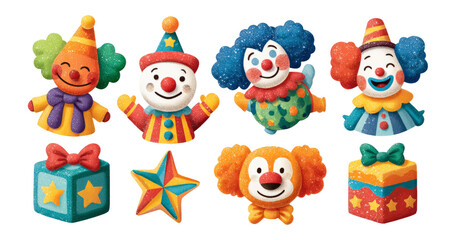 Colorful Clipart of Isolated Clowns and Festive Decorations on Transparent Background