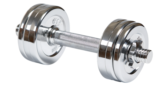 Chrome dumbbell isolated on transparent background .