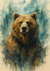 Fototapeta premium Majestic brown bear gazes intently from a tranquil forest watercolor painting, evoking a sense of wilderness and wildlife beauty for nature enthusiasts and outdoor adventurers