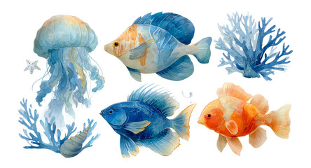 Naklejka premium Colorful Marine Creatures and Coral Illustration on Transparent Background
