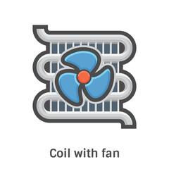 Heat coil and fan vector color icon. Part of outdoor compressor unit in HVAC systems for heat ventilation. Component in air conditioning systems, supporting cooling and airflow.