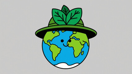 Interesting environmental protection theme, cartoon illustration style, the earth wearing a green leaf "hat" with a smiling face