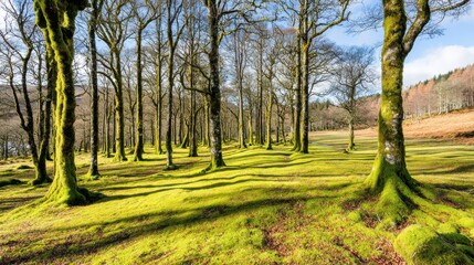 Obraz premium Tranquil forest walk serene nature scene landscape photography lush green environment wide angle view peaceful atmosphere