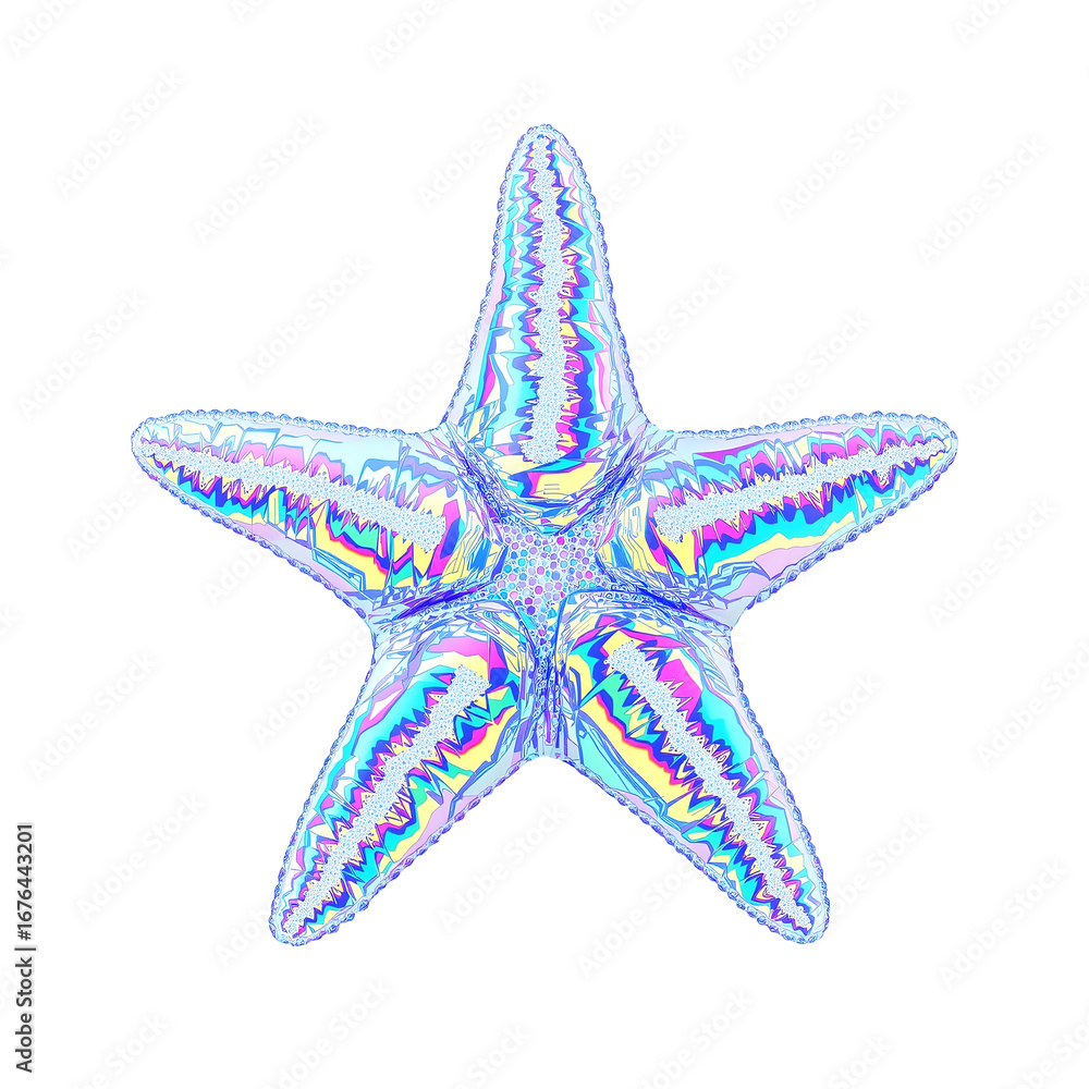 Fototapete Vibrant holographic inflatable star-shaped object with a wrinkled foil texture isolated on a white background. 3D rendering of an iridescent abstract element