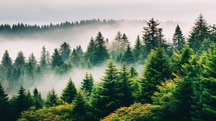 Obraz premium Misty morning forest scene national park nature photography serene environment wide angle tranquility and beauty