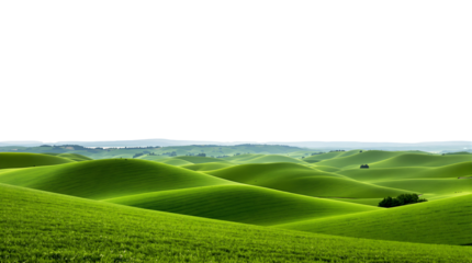 Surreal and minimalist landscape of vibrant, undulating green hills stretching across a serene countryside under a clean white sky