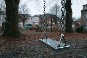 A swing set in an empty playground on a cloudy day.