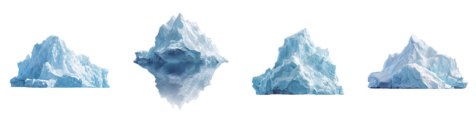 Four Icebergs Floating in the Deep Ocean Water isolated on transparent background.