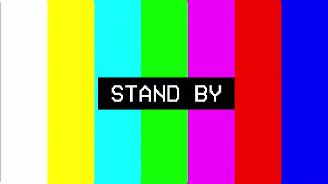 Television screen error. Color Bars data glitches.  with colorful bars, a black box and the warning text stand by