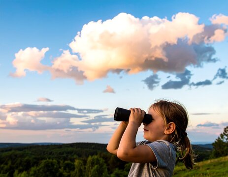 Child Observing Clouds with Binoculars - Powered by Adobe