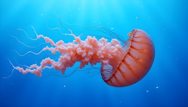 Transparent jellyfish drifting in a blue ocean background

