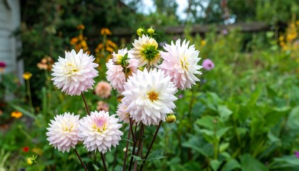 Delicate, pale pink dahlia blossoms in a vibrant garden