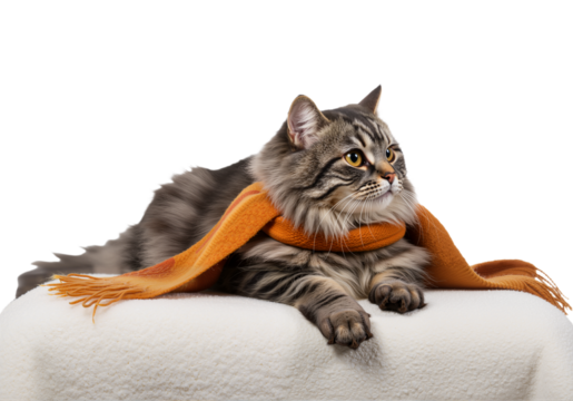 Charming Cat Wrapped in an Orange Scarf on a Cozy White Pillow