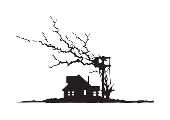 Spooky Silhouette Abandoned House With Tree and Water Tower on Horizon