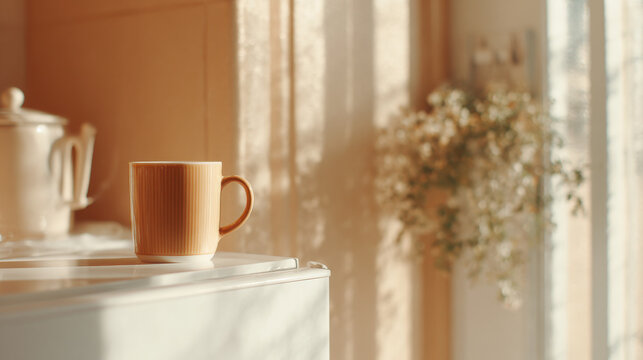 cozy kitchen scene featuring refrigerator decorated with note covered in ar blurred white text bars