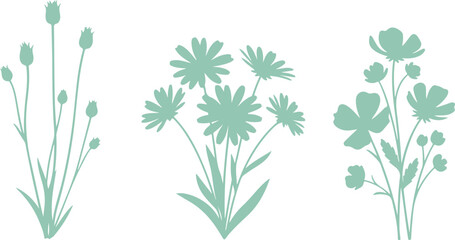 Fototapeta premium Three delicate teal floral silhouettes on a white background