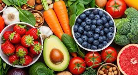 Fruits and vegetables arranged in a colorful and vibrant display showcasing a variety of fresh produce including strawberries, blueberries, avocado, © UniqueChoice