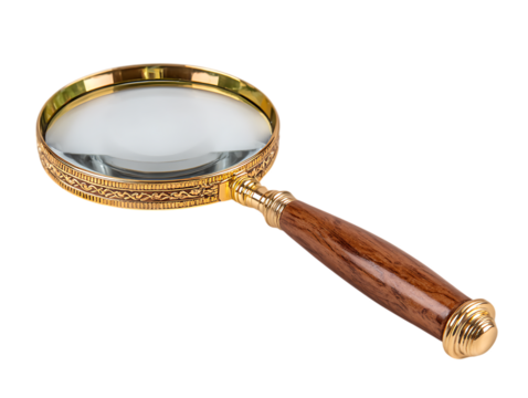 Magnifying glass with wooden handle isolated on transparent background.