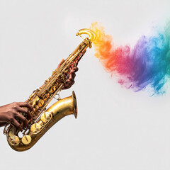 Obraz premium Saxophone alive with glowing smoke as hand plays golden keys with energy.